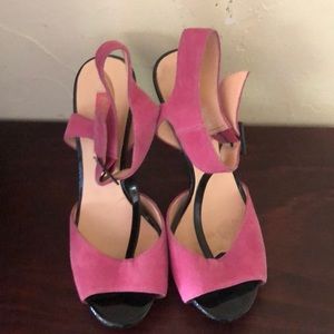 Pink suede with patent leather heels
